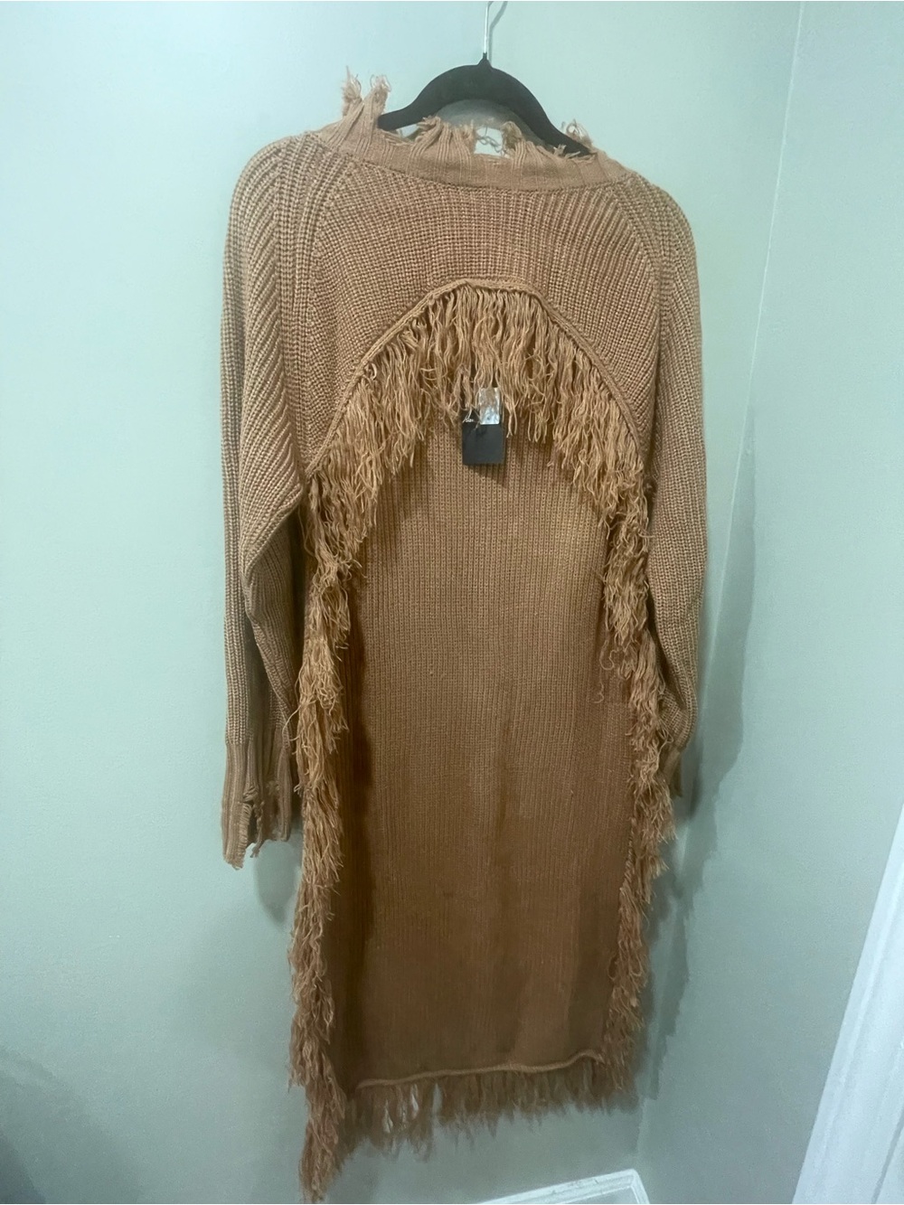Fringed Long Knit Sweater Coatigan - Brown